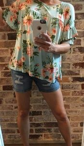 Mint Hawaiian Floral ruffle sleeve top